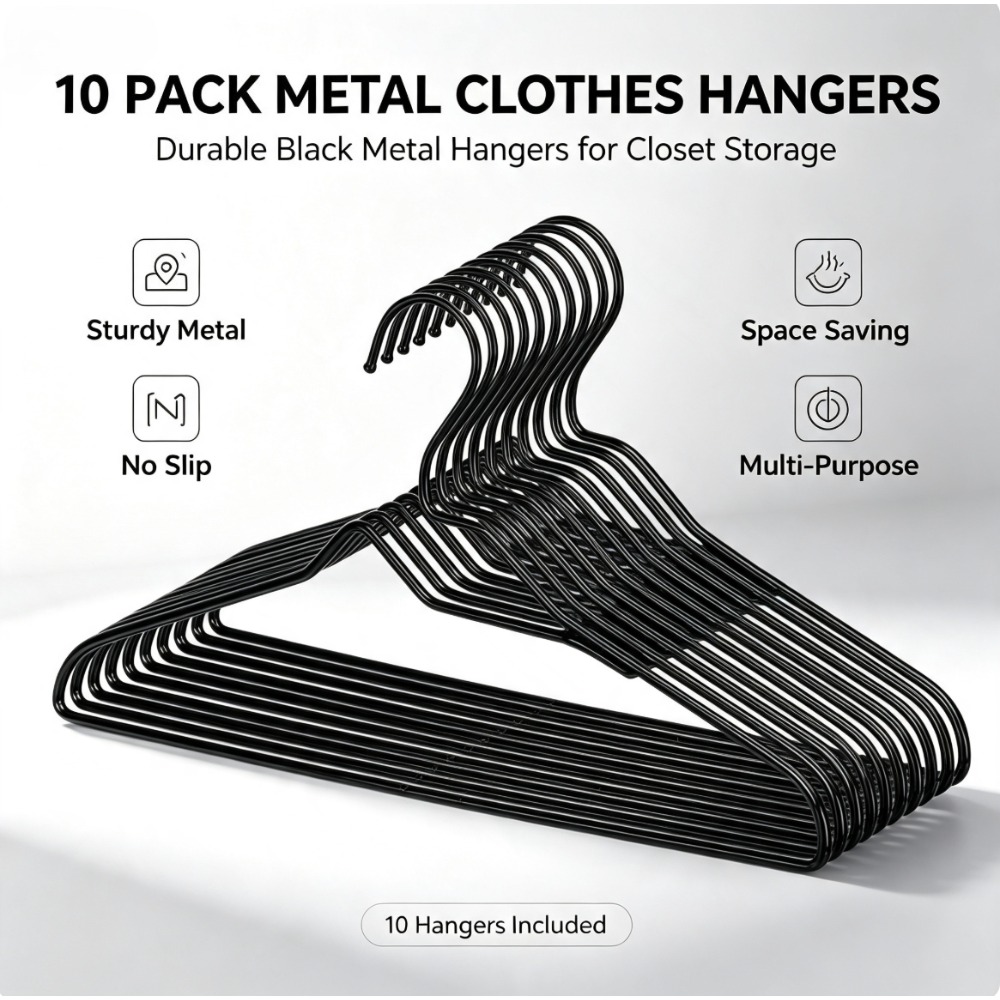 Furniture Hardware Accessories - 10‑Count Black Non‑Slip Clothing Hangers, Chrome